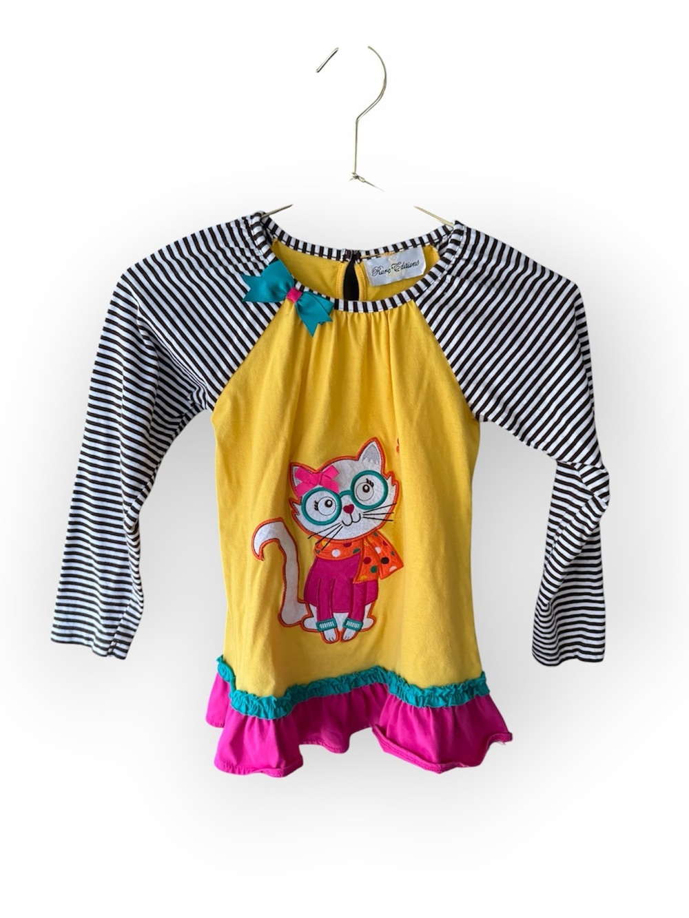 Rare Editions Cat Shirt Yellow & Black Striped Raglan Top with Cat Graphic